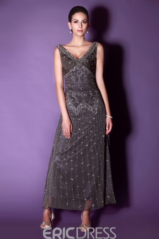 A-Line Ankle-length V-neck Embroidery Beaded Mother of The Bride Dress