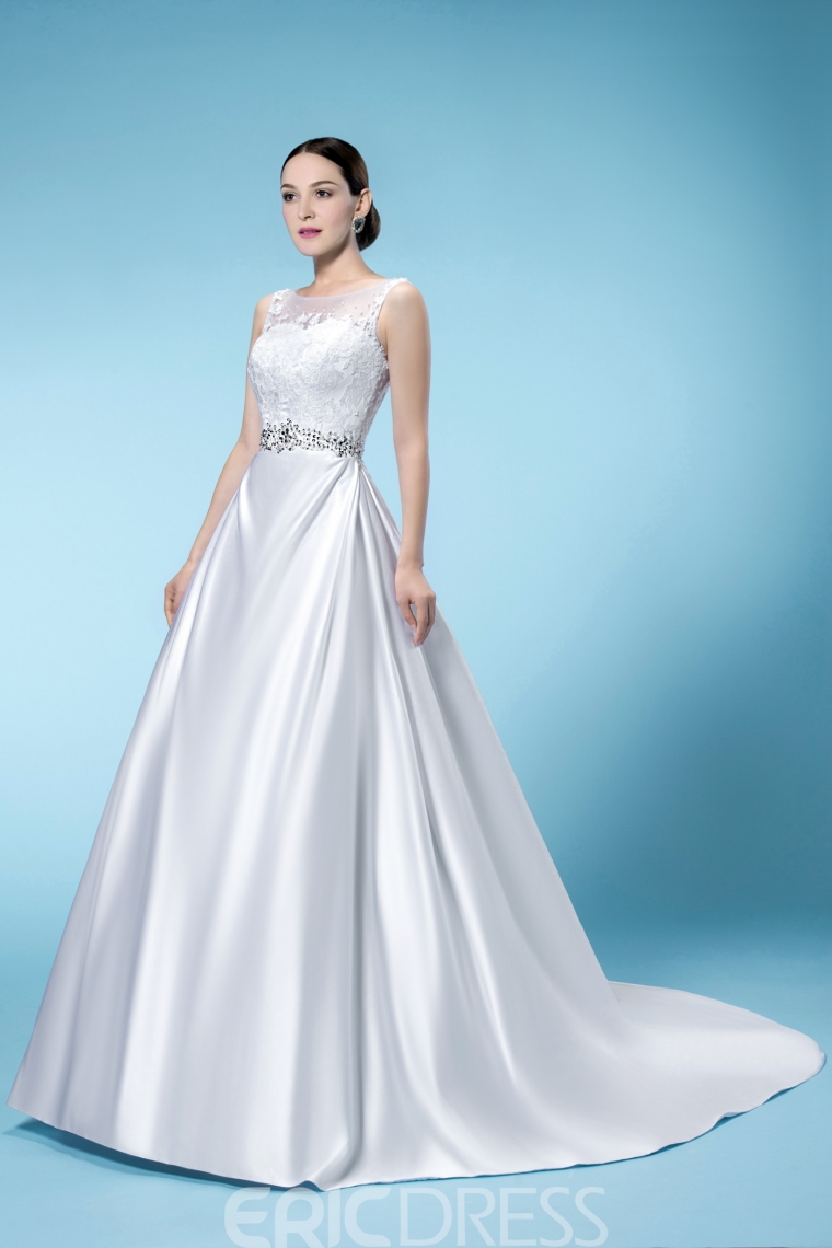 Stylish A-Line Beteau Neckline Beading Sweep Train Wedding Dress